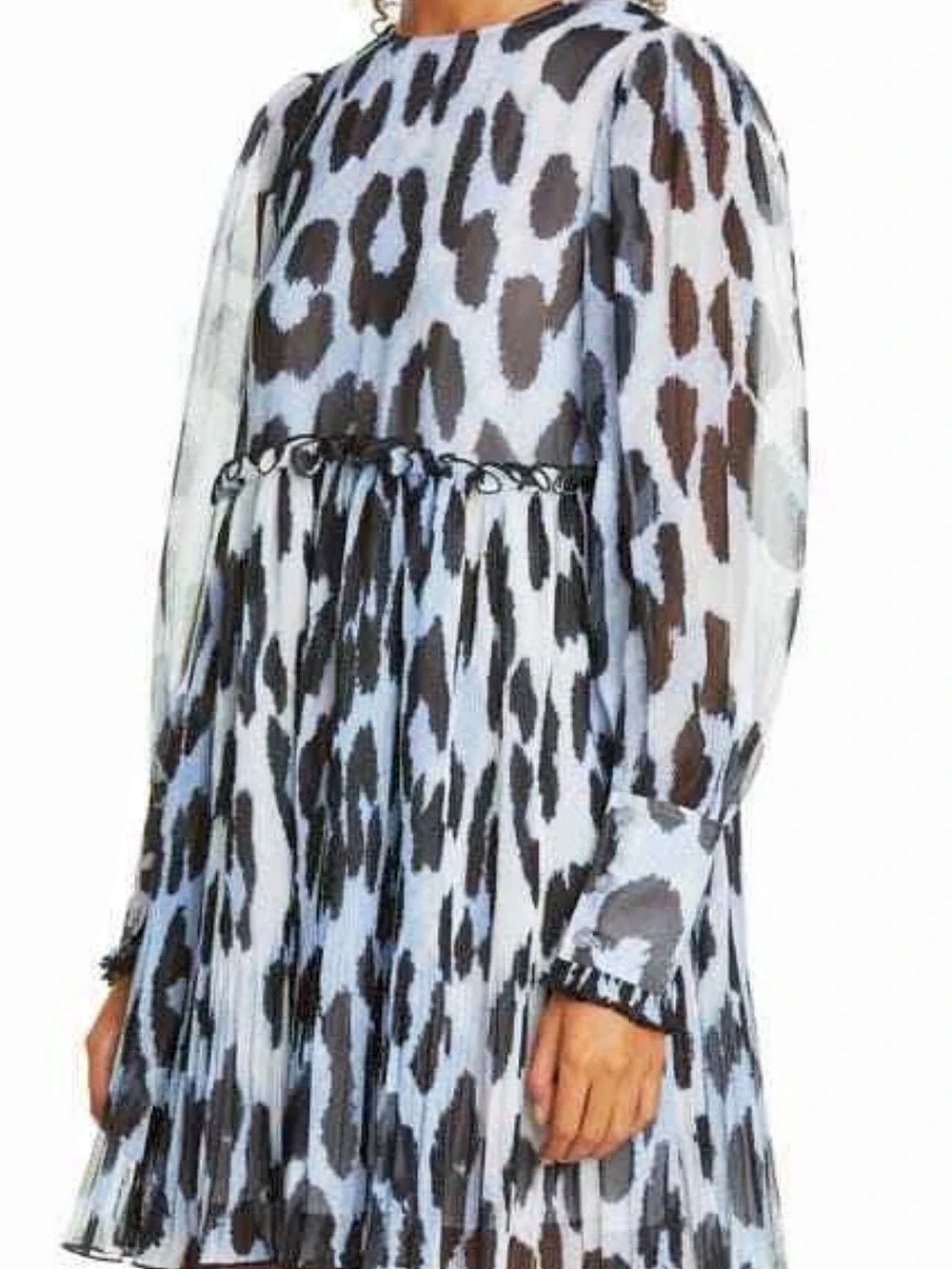 GANNI Blue Leopard Pleated Georgette Long Sleeve Mini Dress Size 36/US 4